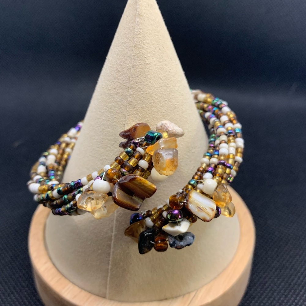 Beaded Cuff Bracelet with Natural Stone Chips in Gold Tones
